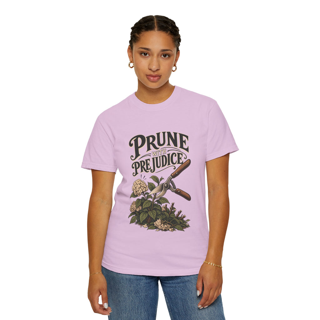 Prune Prejudices Gardening T-Shirt — Vintage Pruner & Hydrangea Tee