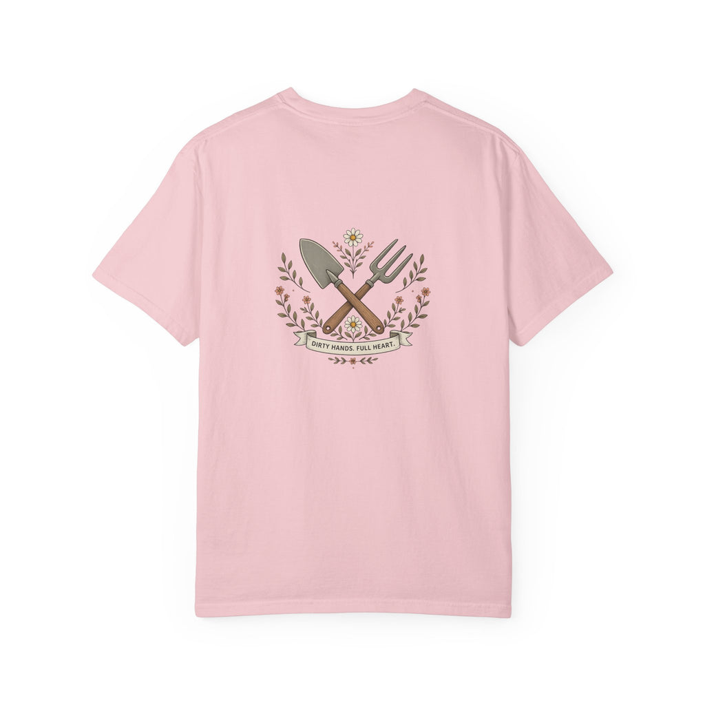 Sassy Garden Tools T-Shirt | Fork & Trowel Floral Crest