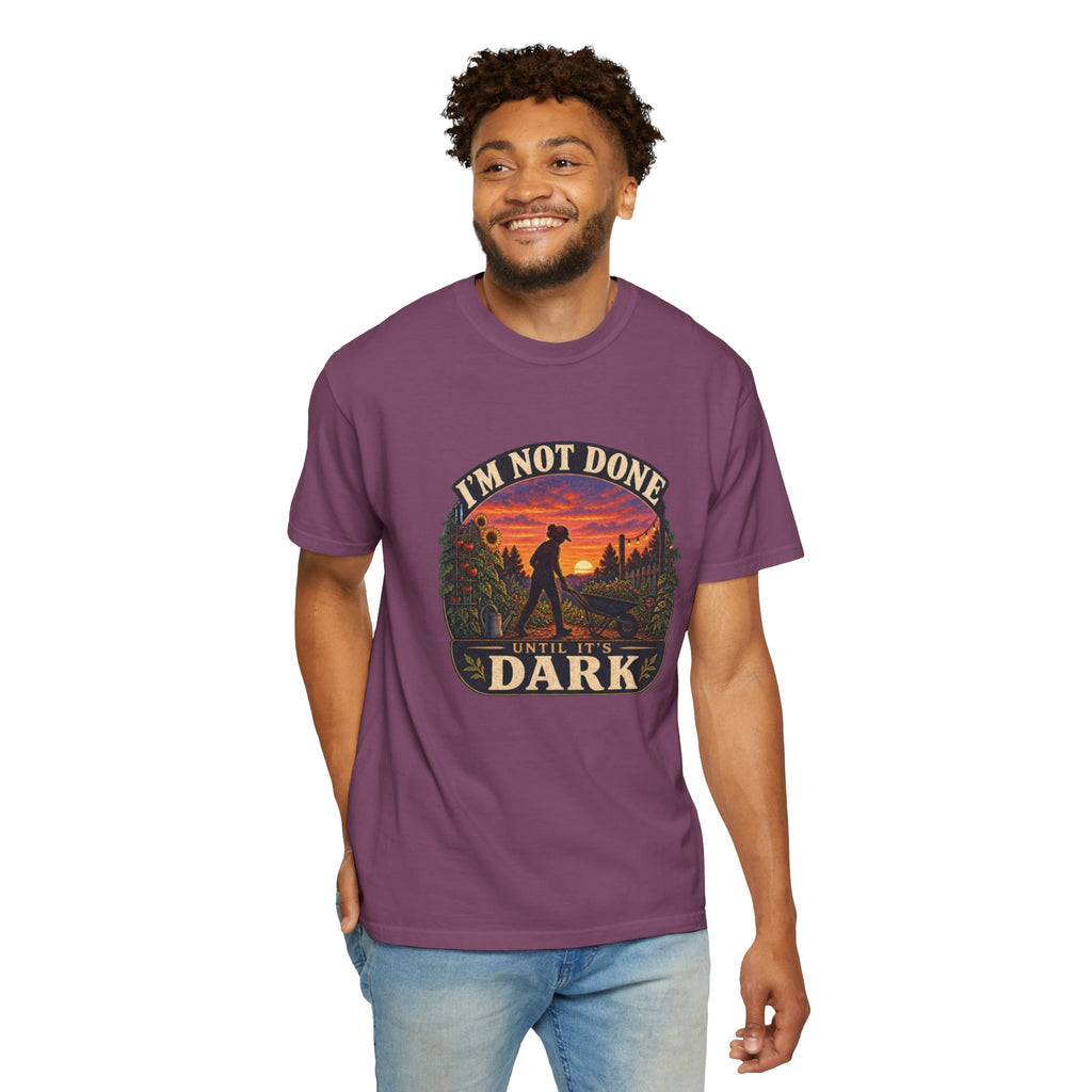 T-Shirt — "I’m Not Done Until It’s Dark" Sunset Camping Graphic Tee