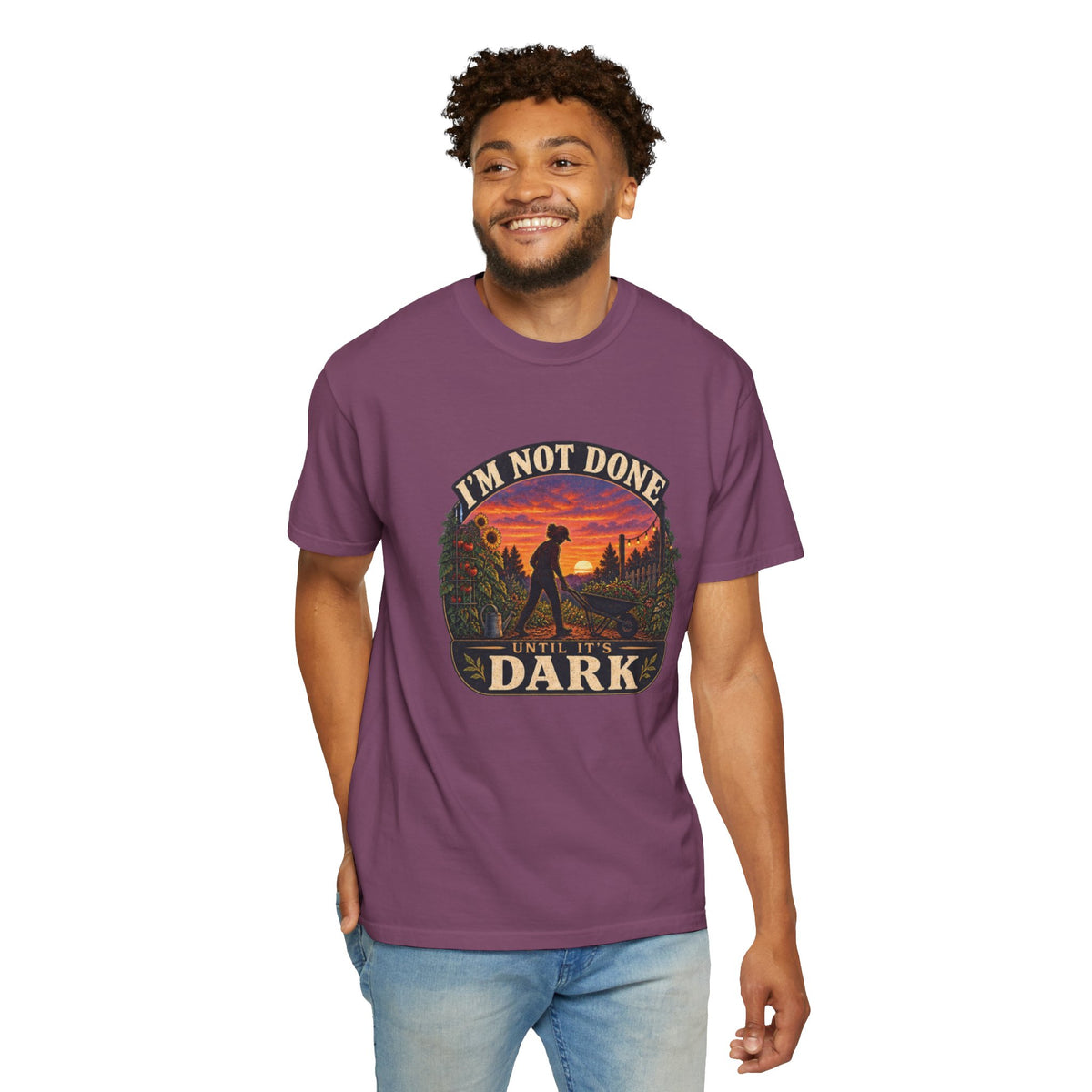 T-Shirt — "I’m Not Done Until It’s Dark" Sunset Camping Graphic Tee