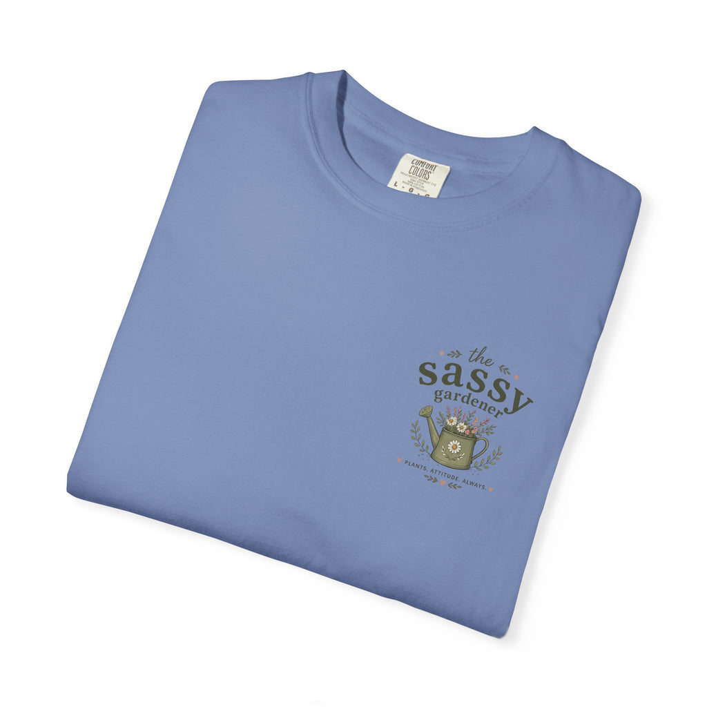 Sassy Garden Tools T-Shirt | Fork & Trowel Floral Crest