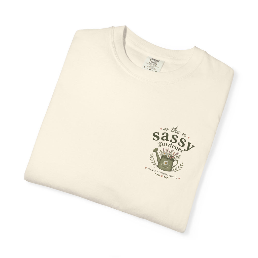 Sassy Garden Tools T-Shirt | Fork & Trowel Floral Crest