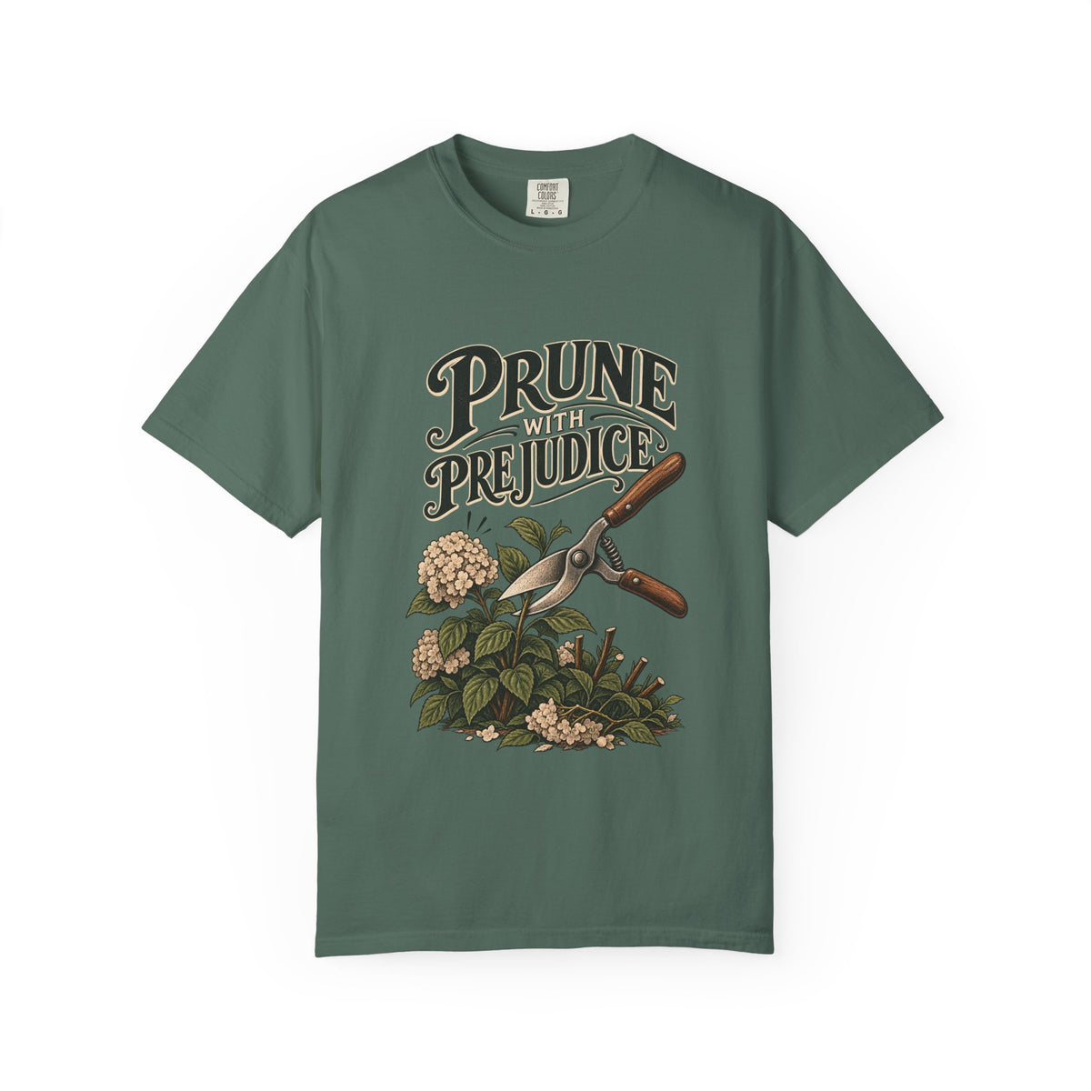 Prune Prejudices Gardening T-Shirt — Vintage Pruner & Hydrangea Tee