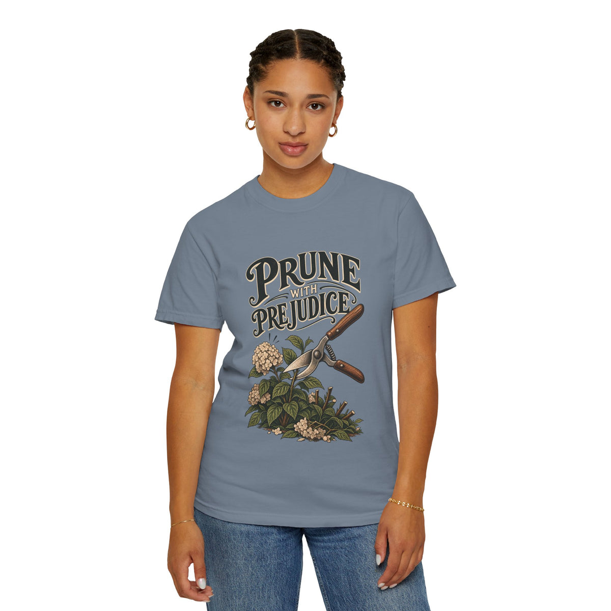 Prune Prejudices Gardening T-Shirt — Vintage Pruner & Hydrangea Tee