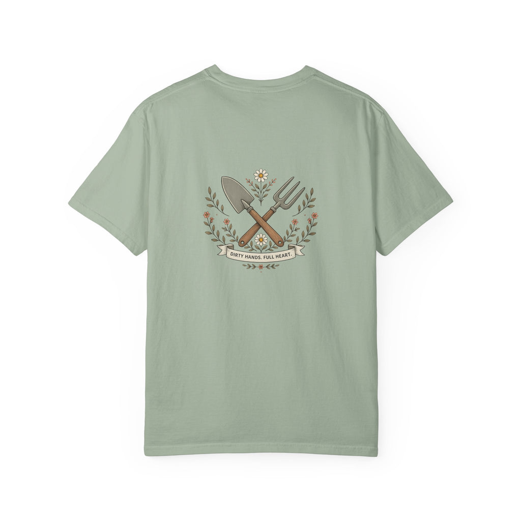 Sassy Garden Tools T-Shirt | Fork & Trowel Floral Crest