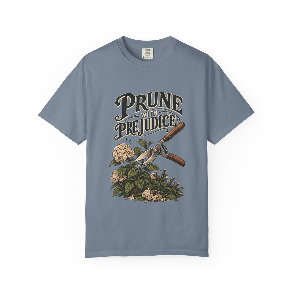 Prune Prejudices Gardening T-Shirt — Vintage Pruner & Hydrangea Tee