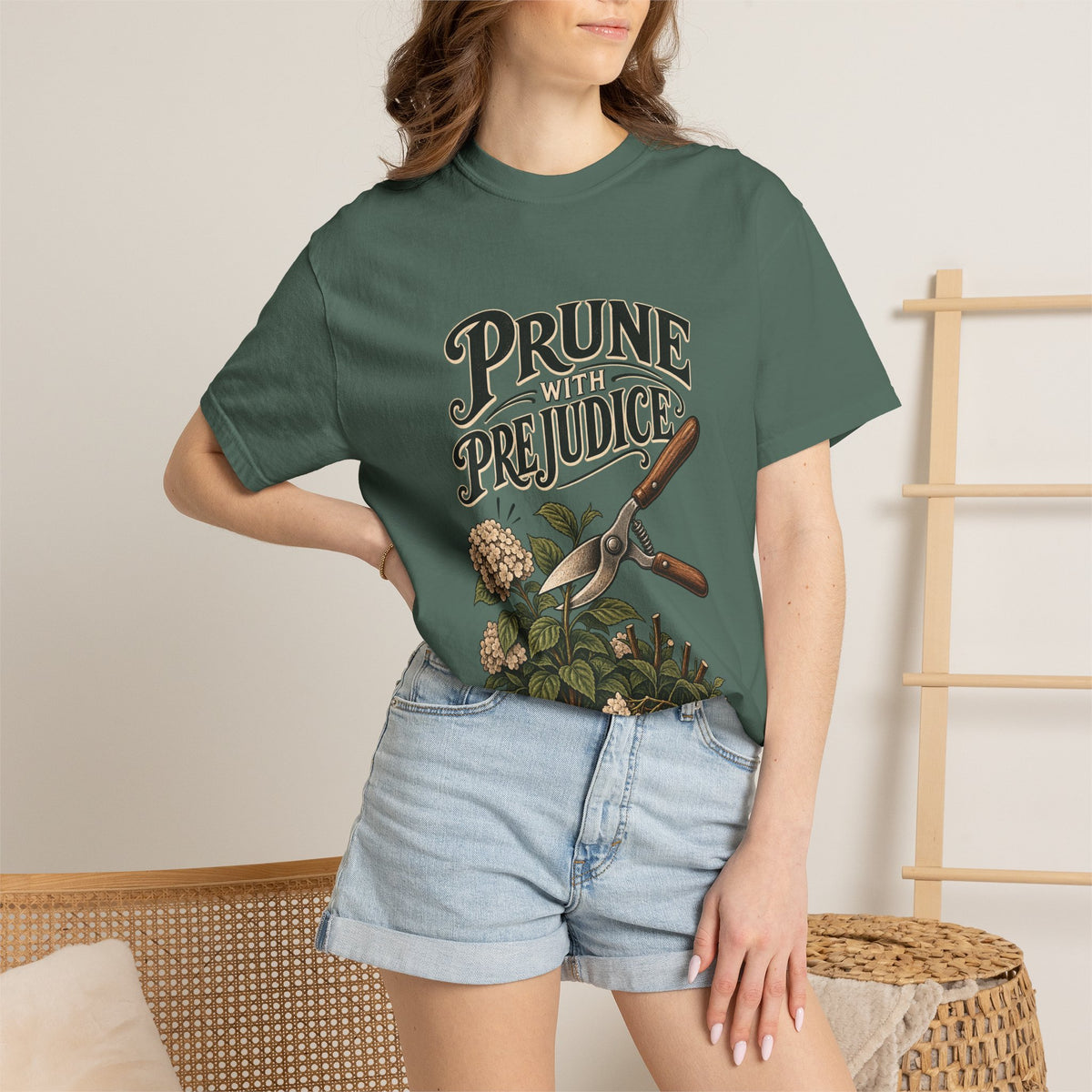 Prune Prejudices Gardening T-Shirt — Vintage Pruner & Hydrangea Tee