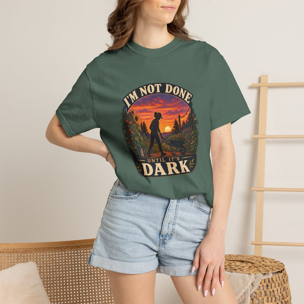 T-Shirt — "I’m Not Done Until It’s Dark" Sunset Camping Graphic Tee