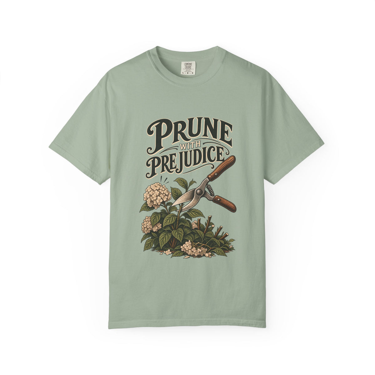 Prune Prejudices Gardening T-Shirt — Vintage Pruner & Hydrangea Tee