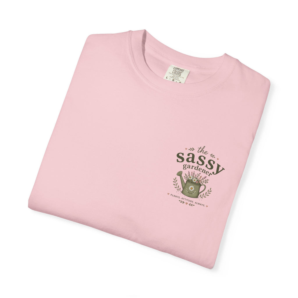Sassy Garden Tools T-Shirt | Fork & Trowel Floral Crest