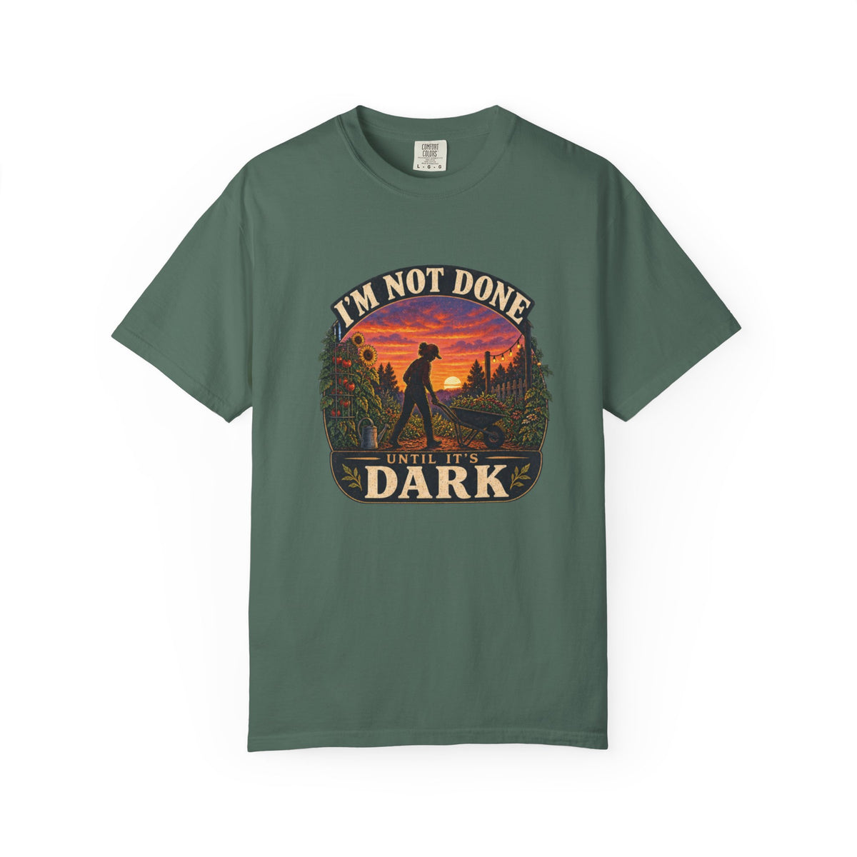 T-Shirt — "I’m Not Done Until It’s Dark" Sunset Camping Graphic Tee