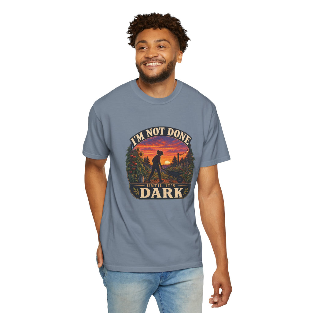 T-Shirt — "I’m Not Done Until It’s Dark" Sunset Camping Graphic Tee