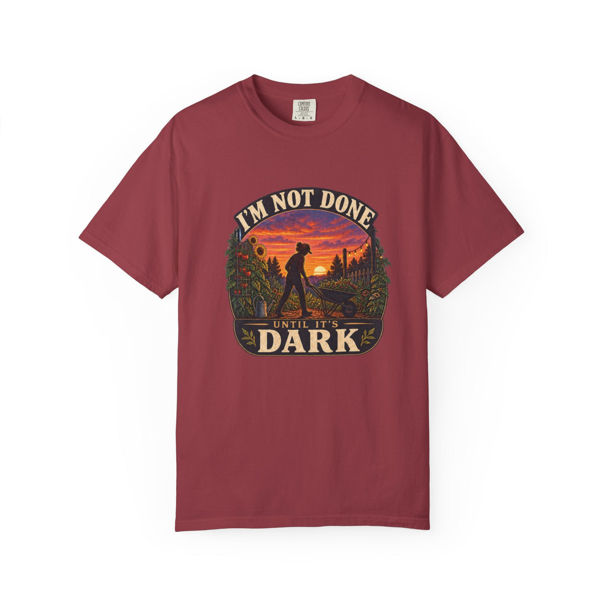 T-Shirt — "I’m Not Done Until It’s Dark" Sunset Camping Graphic Tee