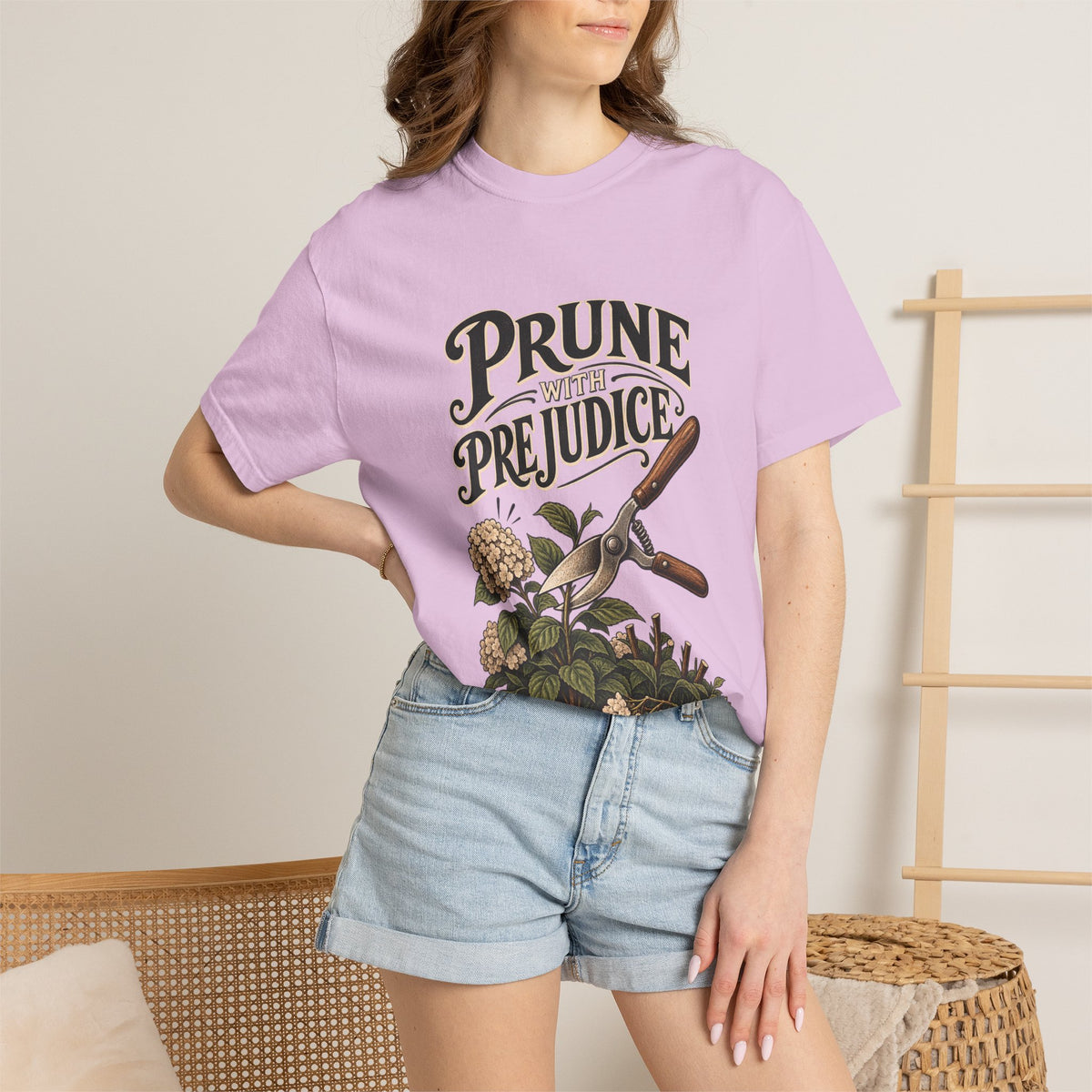 Prune Prejudices Gardening T-Shirt — Vintage Pruner & Hydrangea Tee
