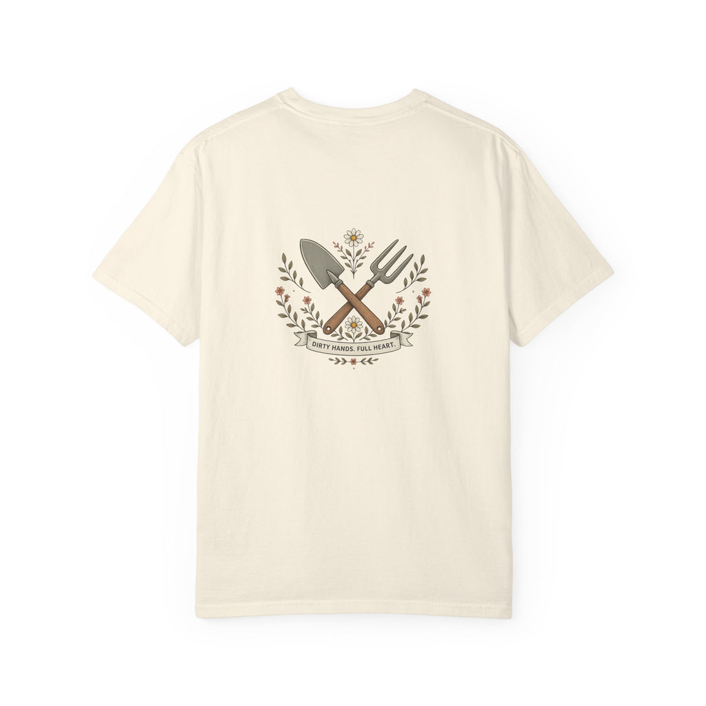 Sassy Garden Tools T-Shirt | Fork & Trowel Floral Crest