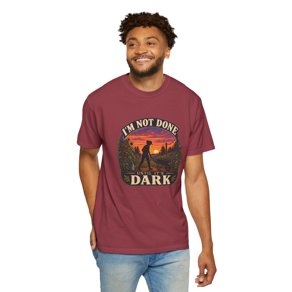T-Shirt — "I’m Not Done Until It’s Dark" Sunset Camping Graphic Tee