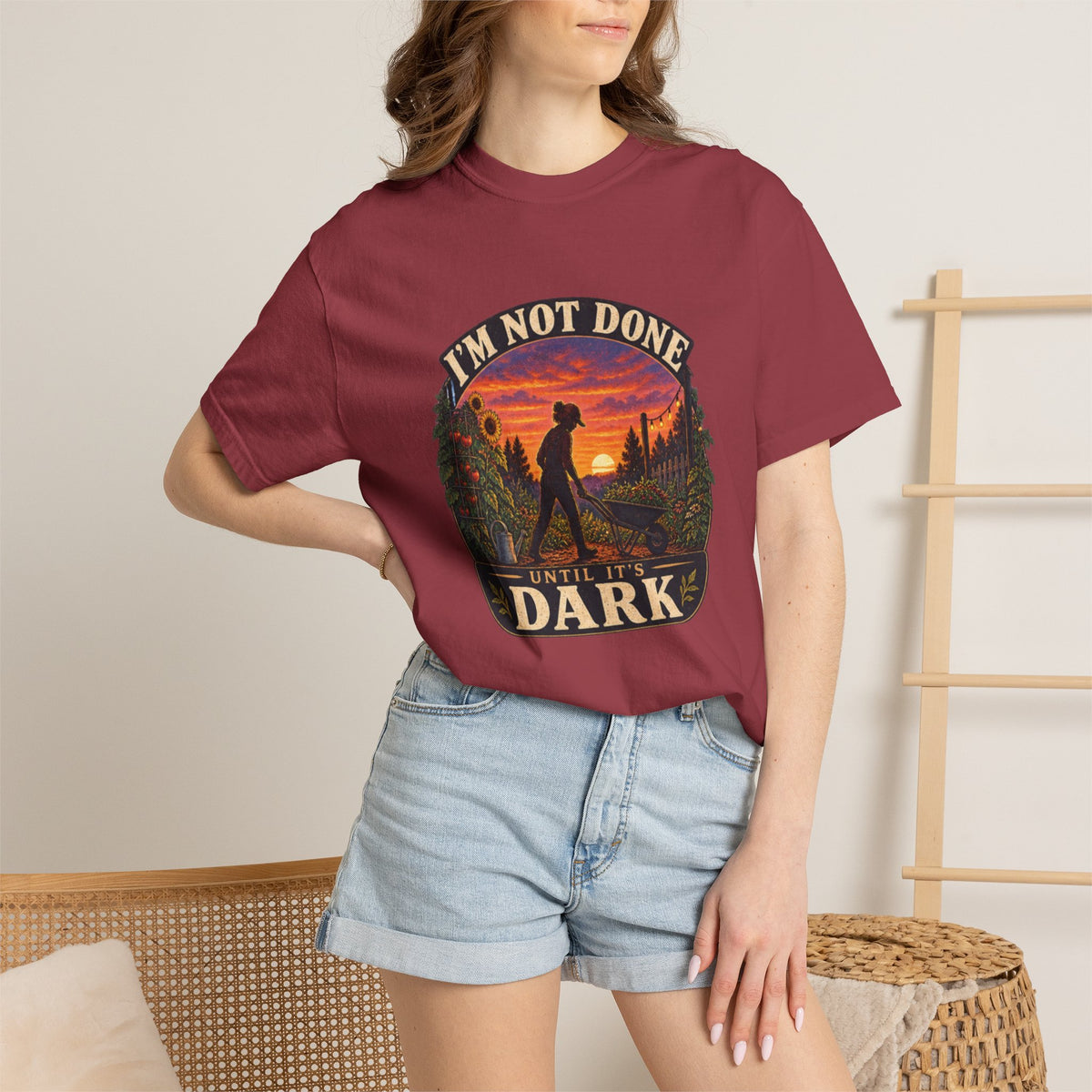 T-Shirt — "I’m Not Done Until It’s Dark" Sunset Camping Graphic Tee