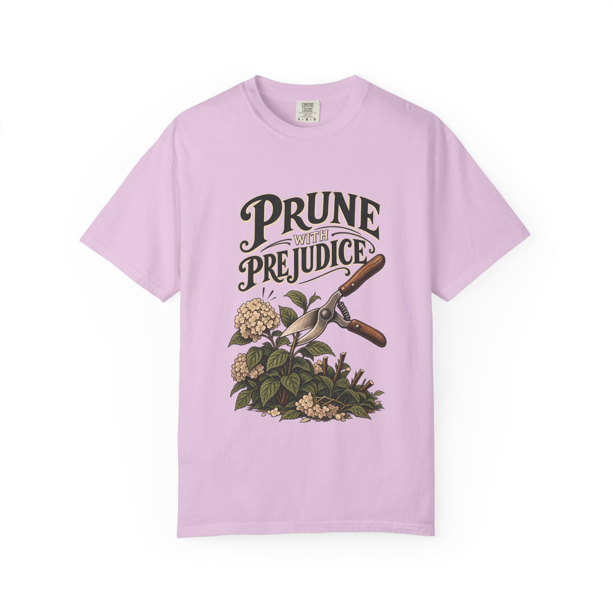Prune Prejudices Gardening T-Shirt — Vintage Pruner & Hydrangea Tee