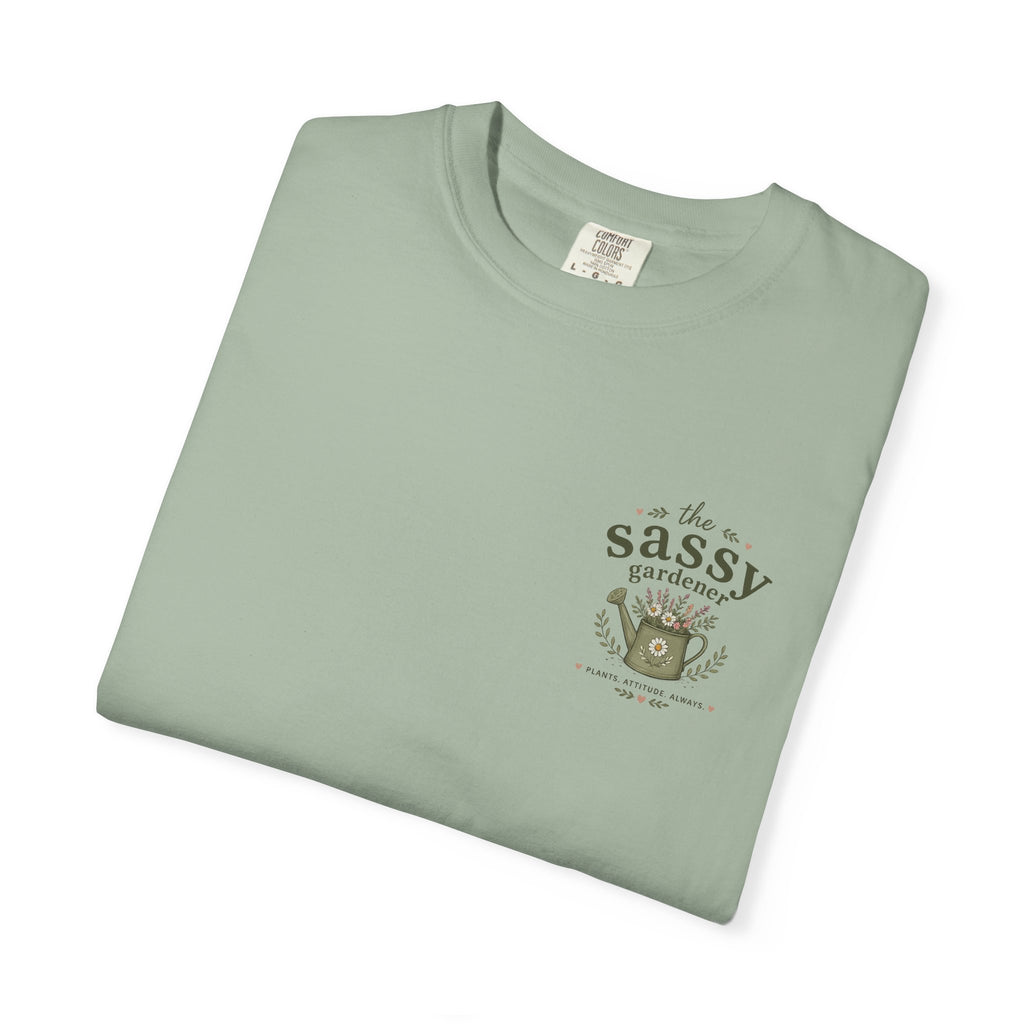 Sassy Garden Tools T-Shirt | Fork & Trowel Floral Crest