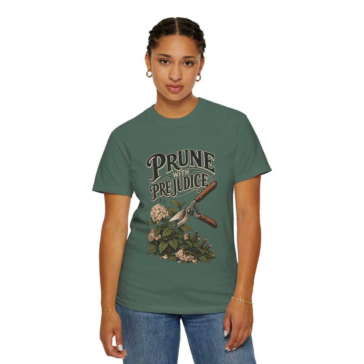 Prune Prejudices Gardening T-Shirt — Vintage Pruner & Hydrangea Tee