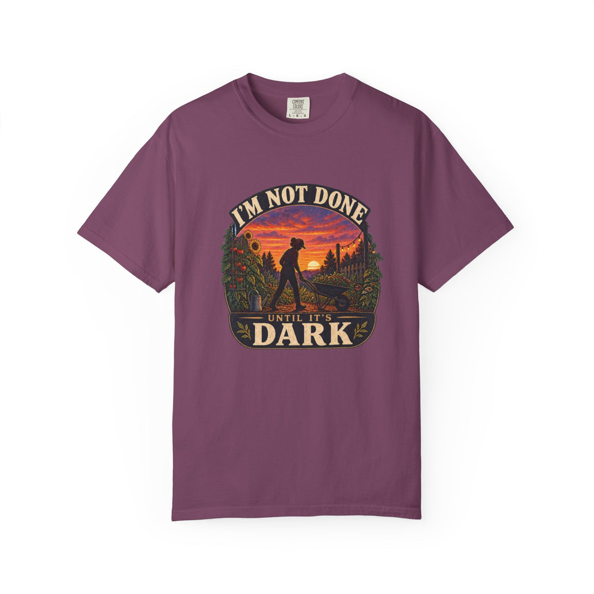T-Shirt — "I’m Not Done Until It’s Dark" Sunset Camping Graphic Tee