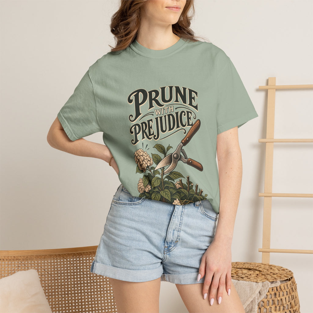 Prune Prejudices Gardening T-Shirt — Vintage Pruner & Hydrangea Tee