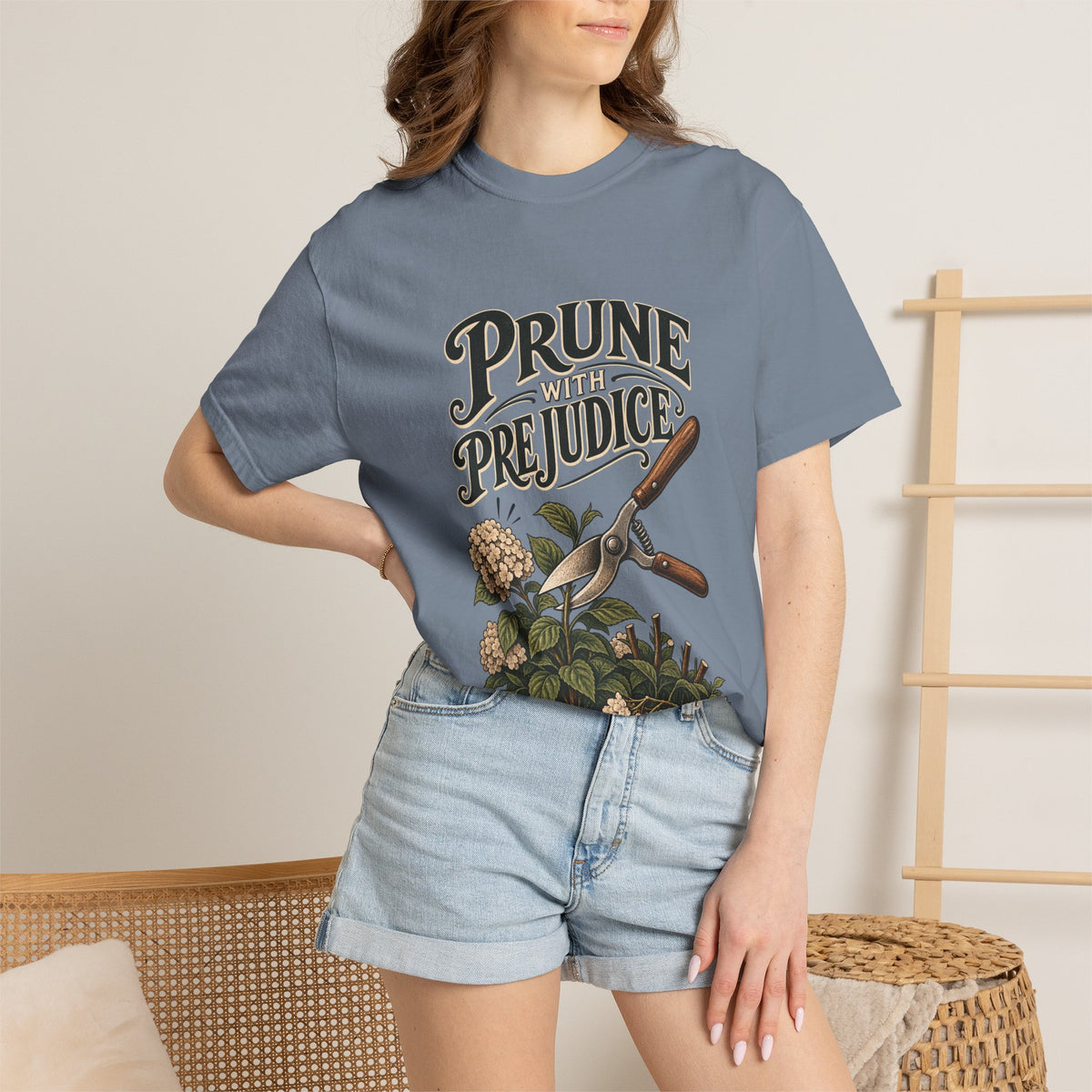 Prune Prejudices Gardening T-Shirt — Vintage Pruner & Hydrangea Tee