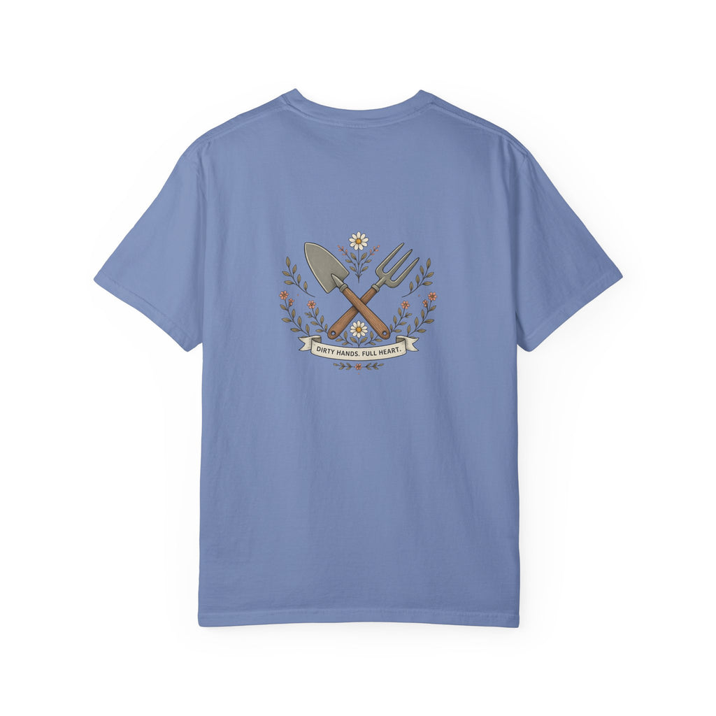 Sassy Garden Tools T-Shirt | Fork & Trowel Floral Crest