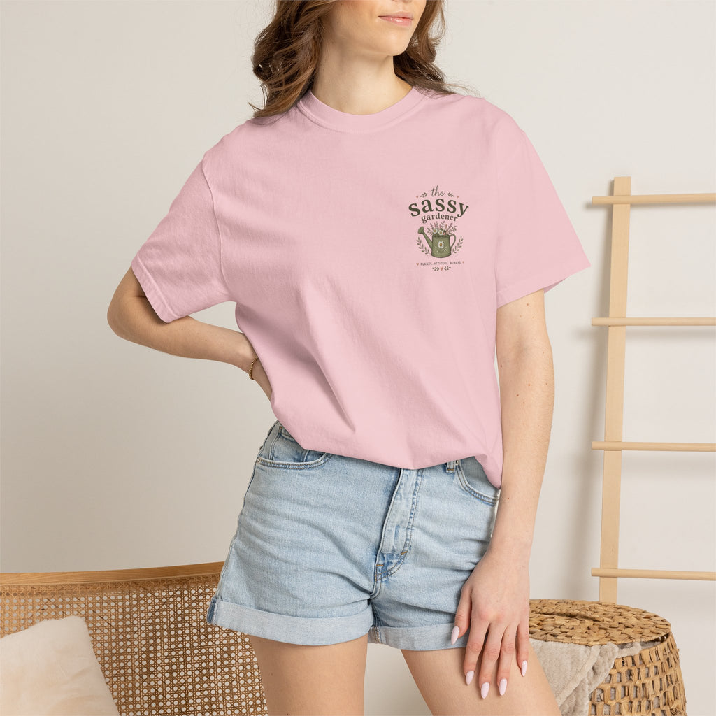 Sassy Garden Tools T-Shirt | Fork & Trowel Floral Crest
