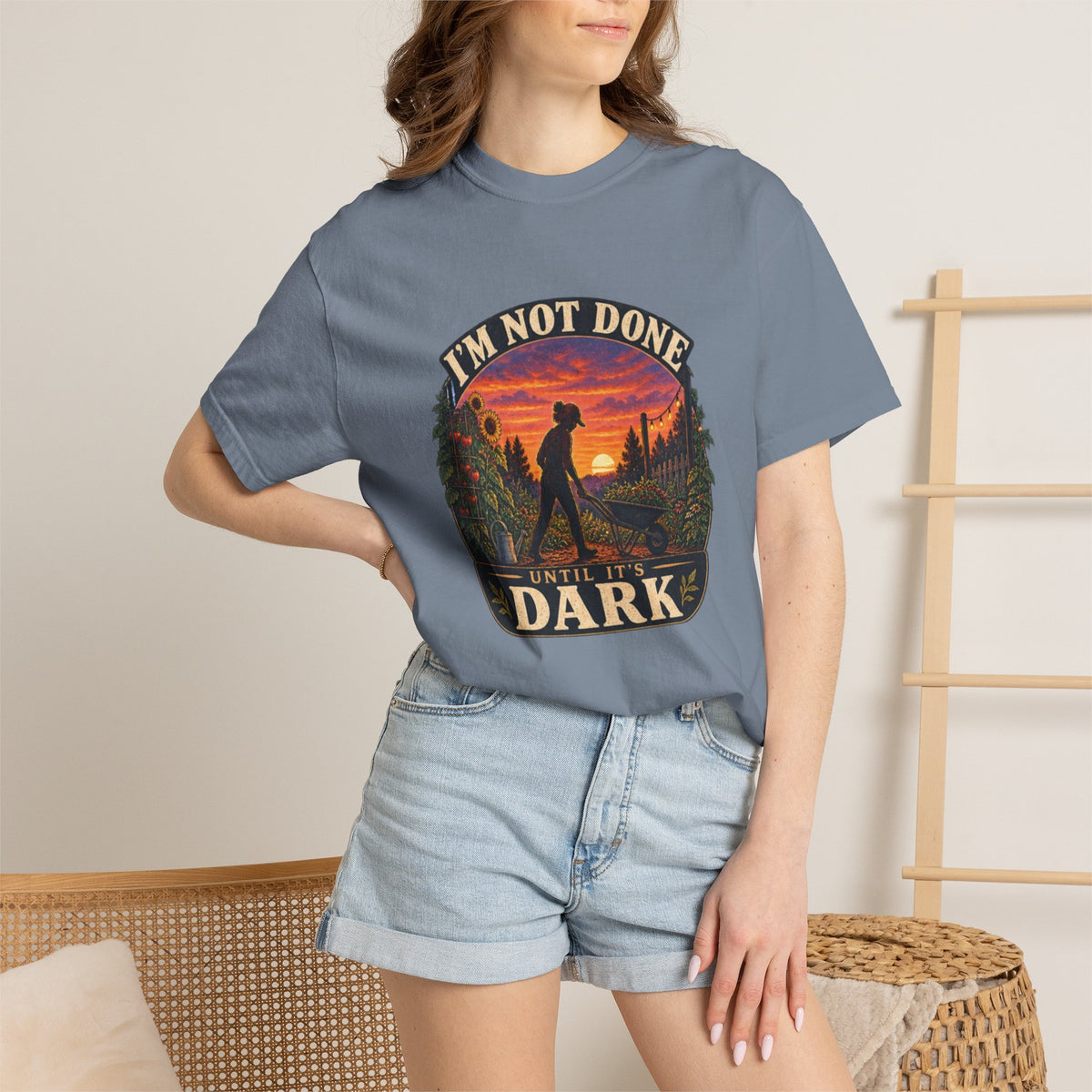 T-Shirt — "I’m Not Done Until It’s Dark" Sunset Camping Graphic Tee