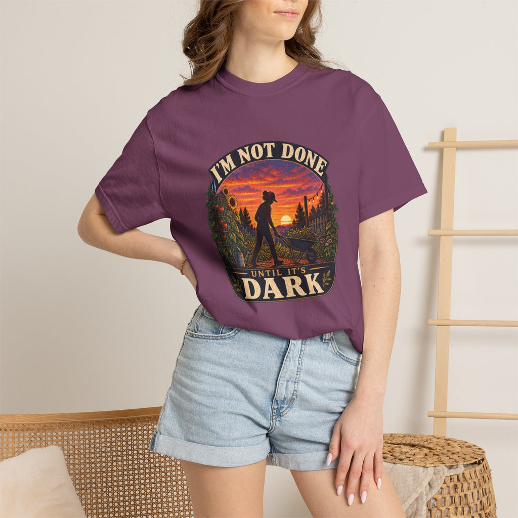 T-Shirt — "I’m Not Done Until It’s Dark" Sunset Camping Graphic Tee