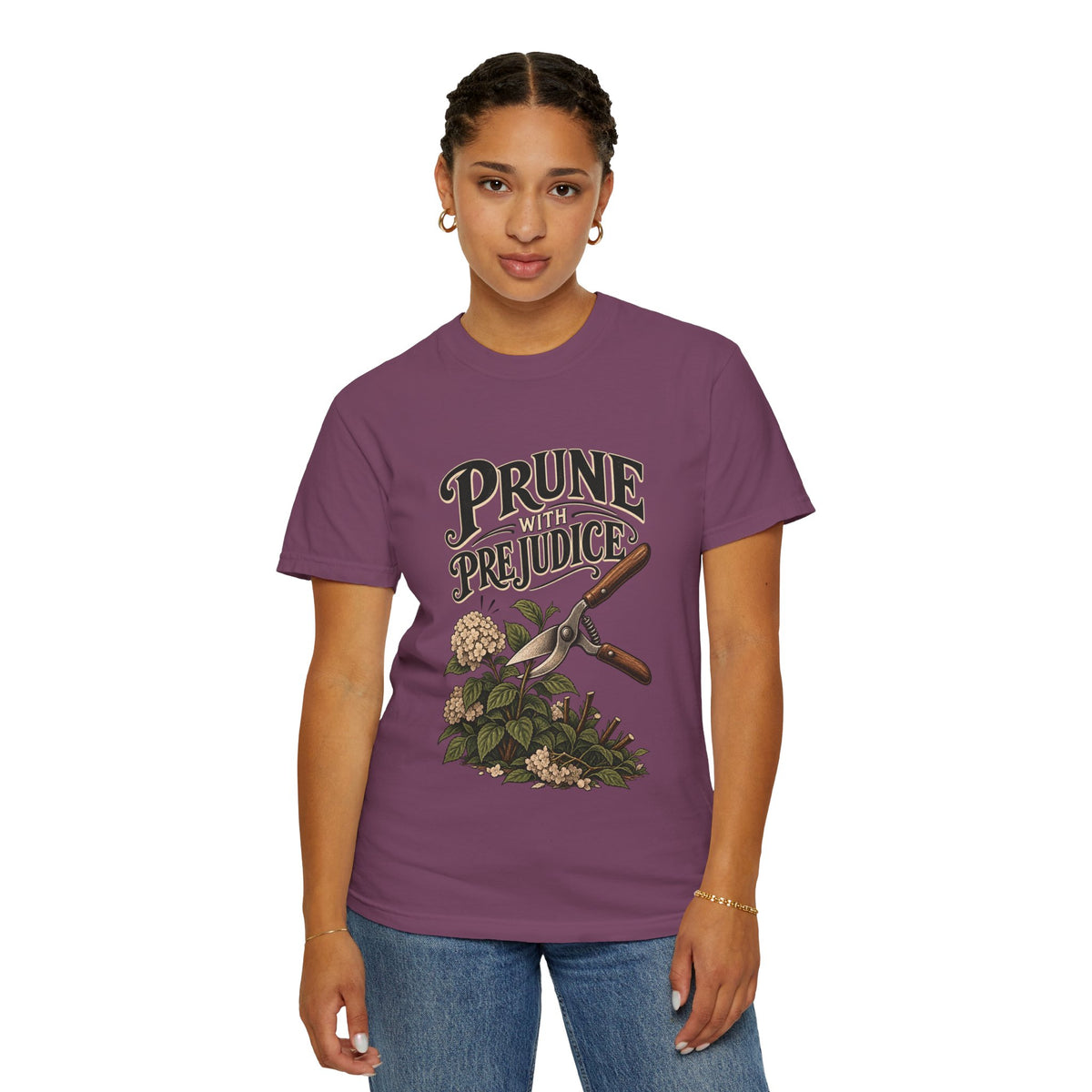 Prune Prejudices Gardening T-Shirt — Vintage Pruner & Hydrangea Tee