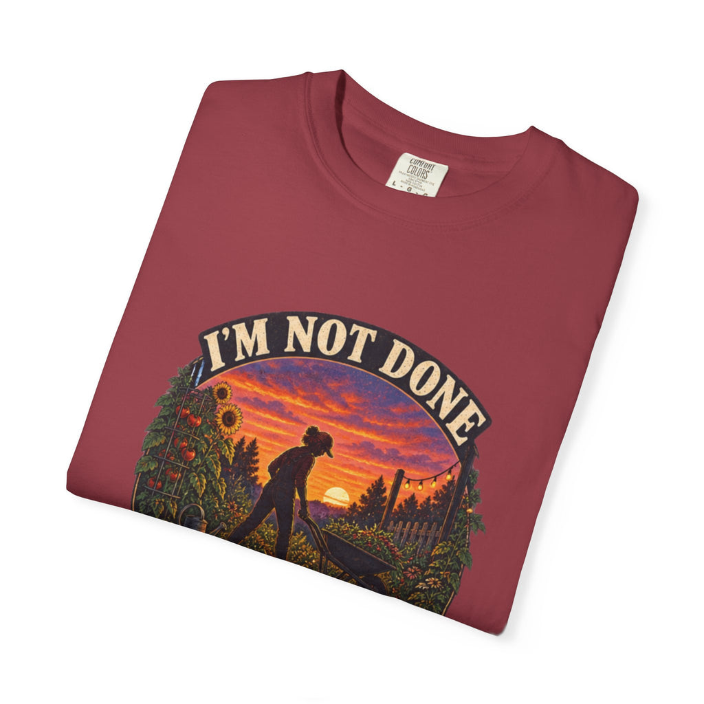 T-Shirt — "I’m Not Done Until It’s Dark" Sunset Camping Graphic Tee