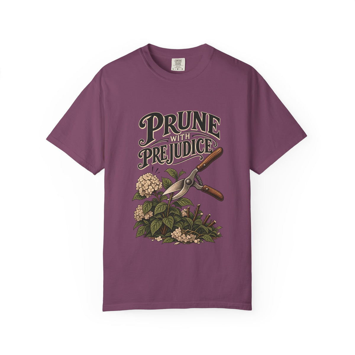 Prune Prejudices Gardening T-Shirt — Vintage Pruner & Hydrangea Tee