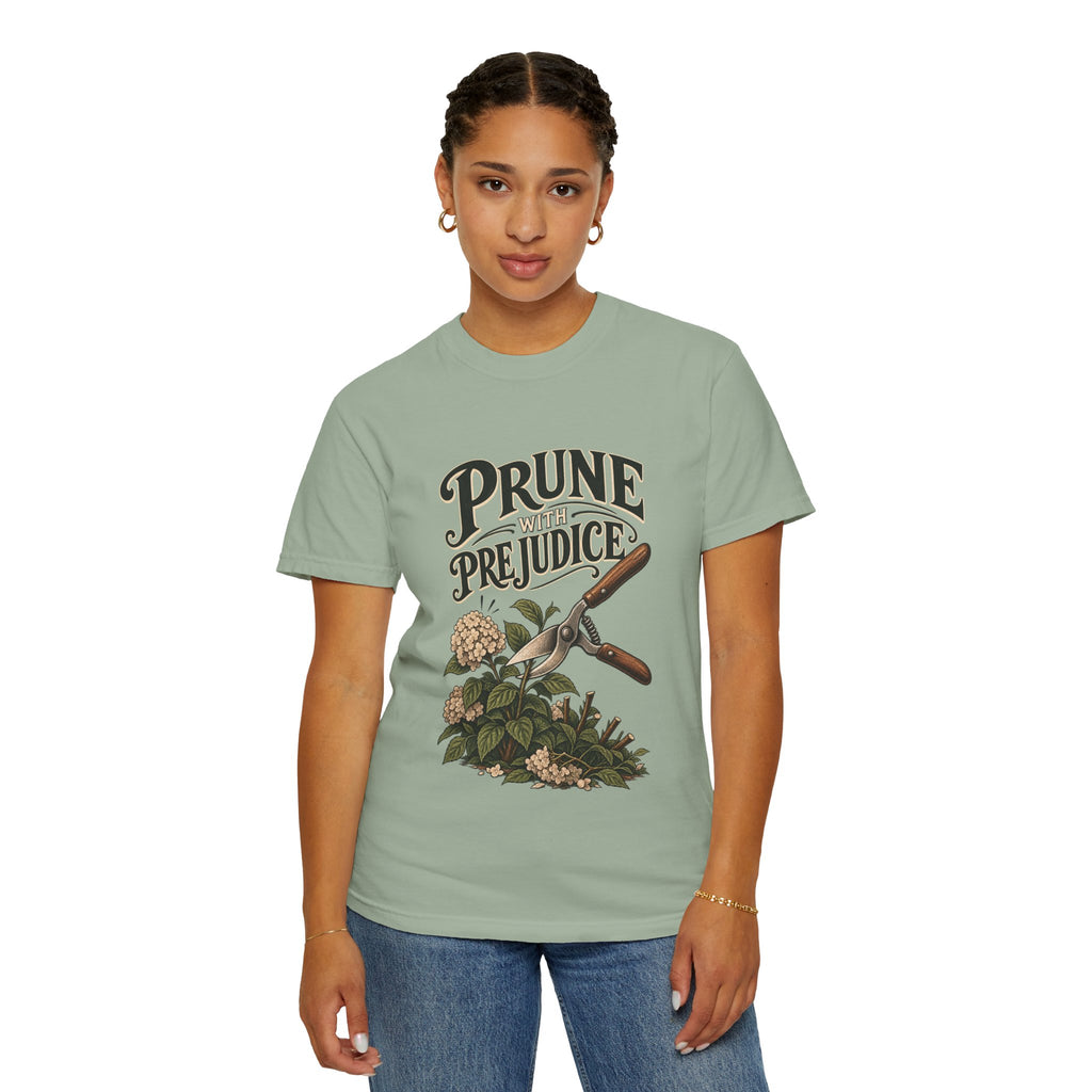 Prune Prejudices Gardening T-Shirt — Vintage Pruner & Hydrangea Tee