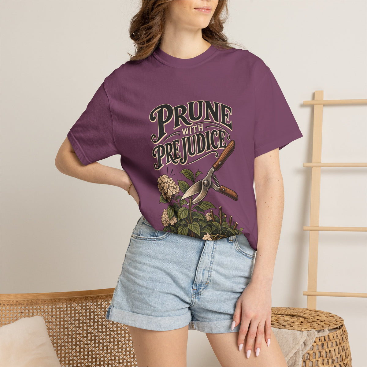 Prune Prejudices Gardening T-Shirt — Vintage Pruner & Hydrangea Tee